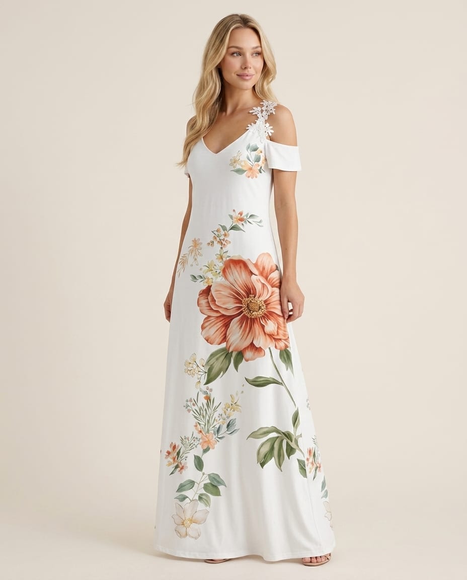 Floral Maxi Dress with Cold - Shoulder - Elestira
