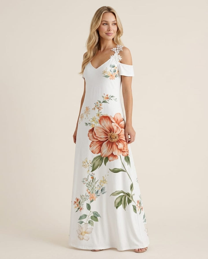 Floral Maxi Dress with Cold - Shoulder - Elestira