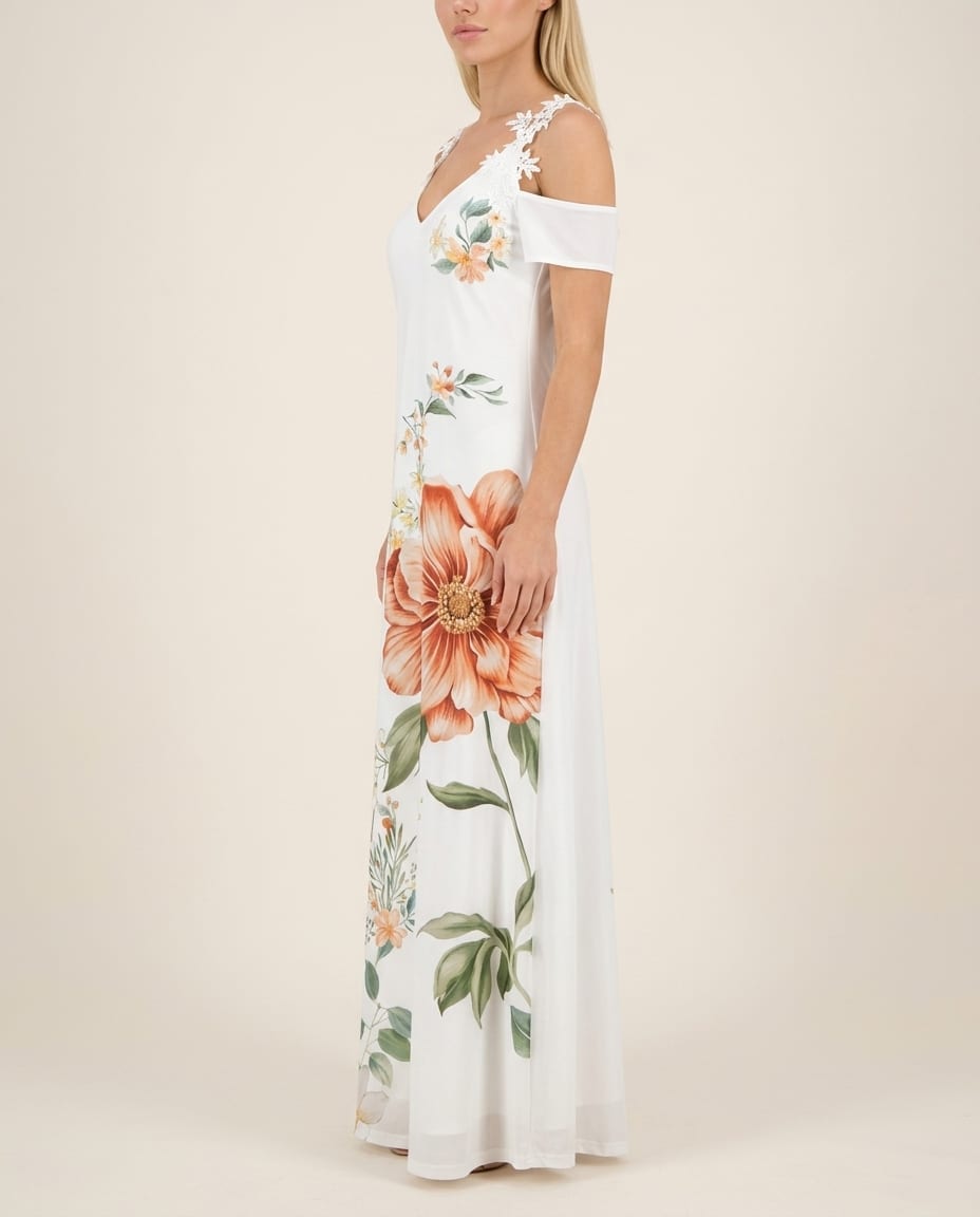 Floral Maxi Dress with Cold - Shoulder - Elestira