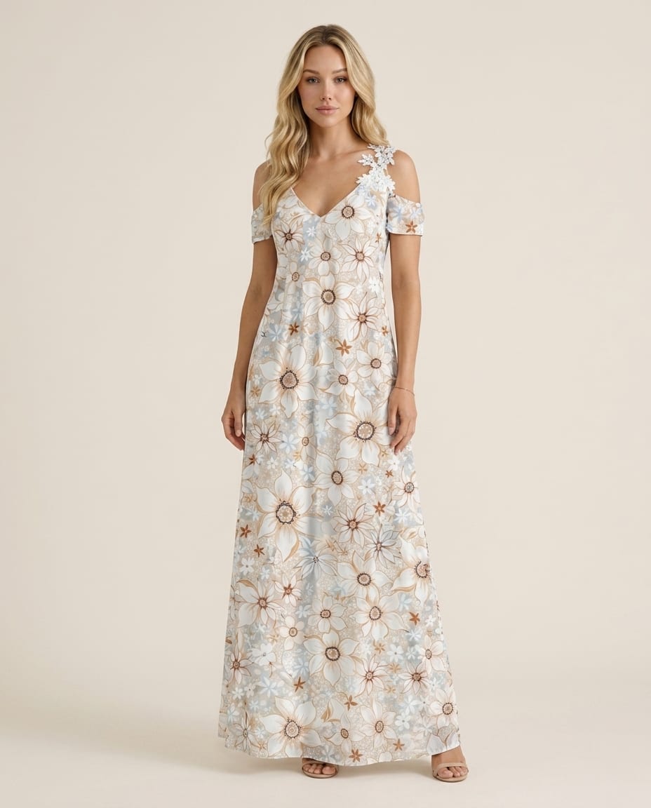 Floral Maxi Dress with Cold - Shoulder - Elestira