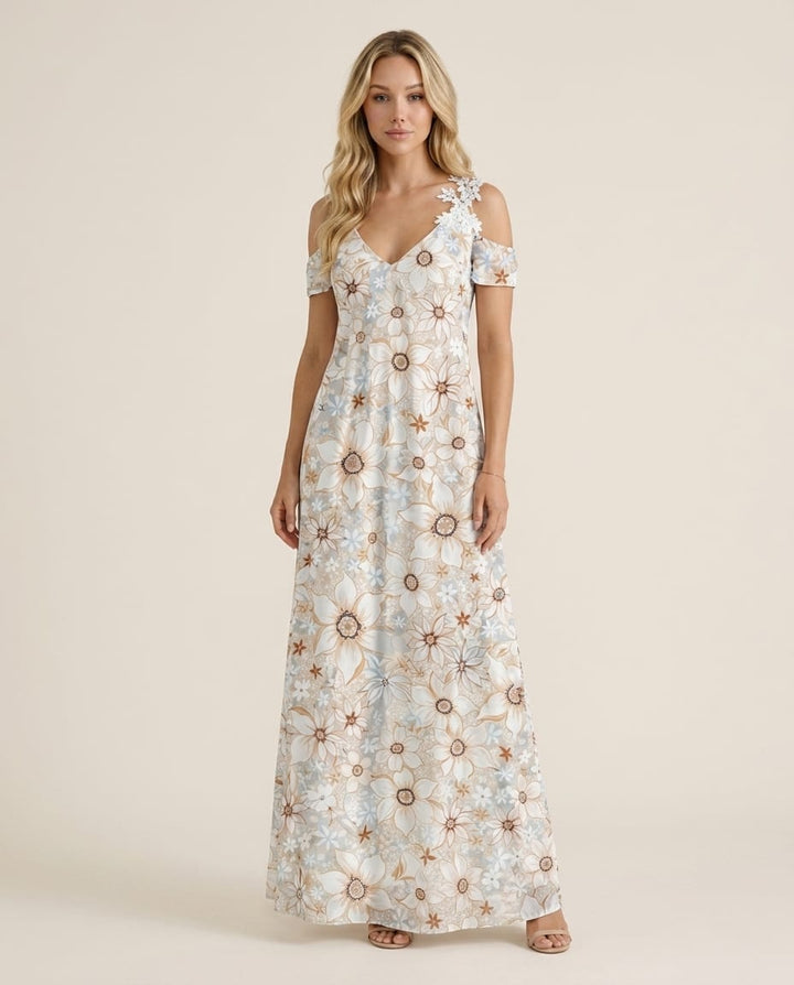 Floral Maxi Dress with Cold - Shoulder - Elestira