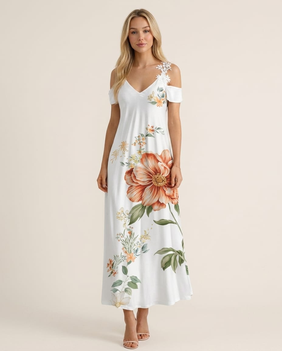 Floral Maxi Dress with Cold - Shoulder - Elestira