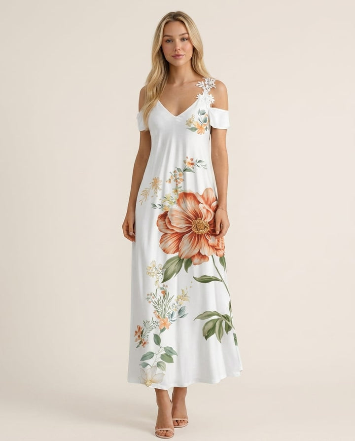 Floral Maxi Dress with Cold - Shoulder - Elestira