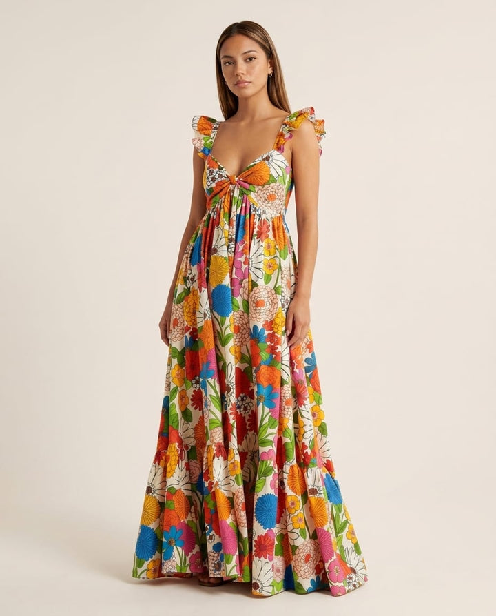Floral Maxi Dress with Ruffle Sleeves and V - neckline - Elestira