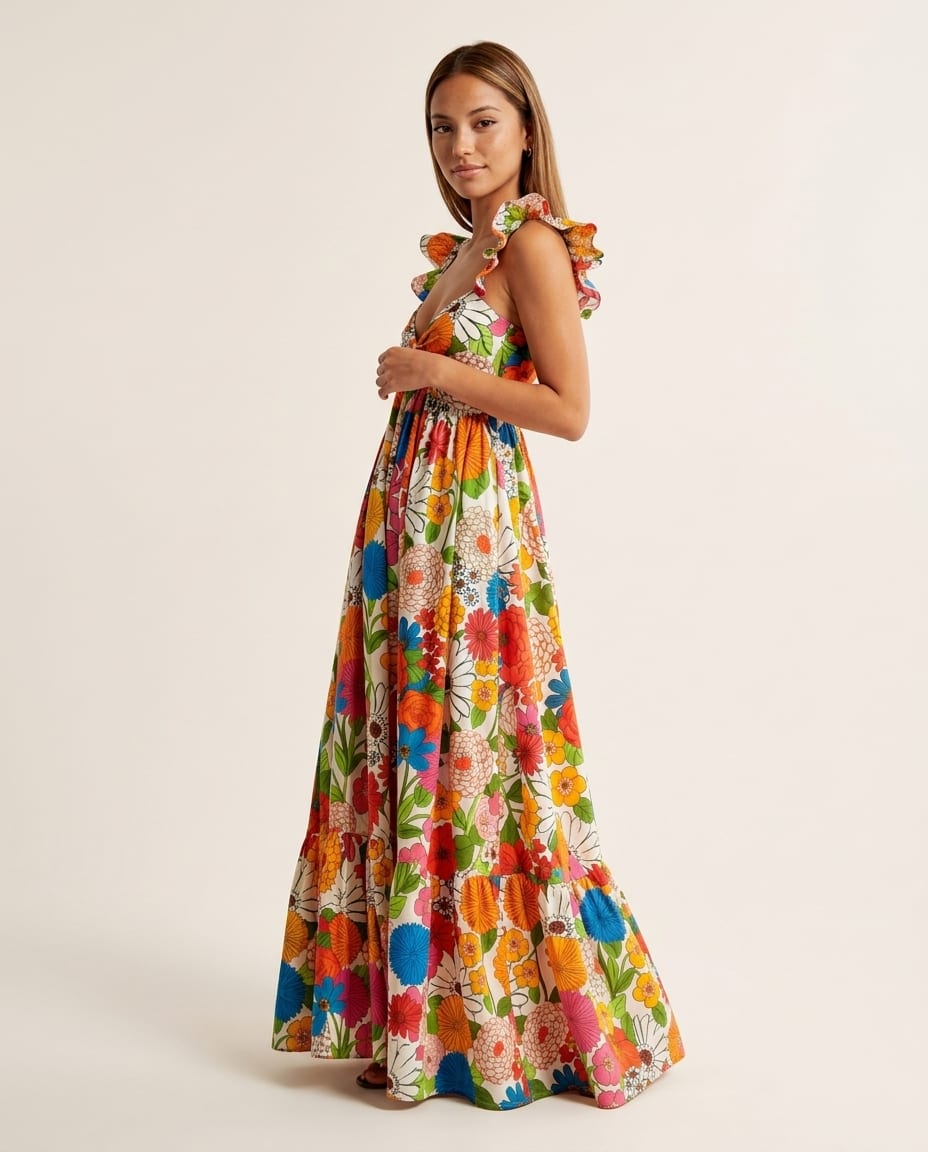 Floral Maxi Dress with Ruffle Sleeves and V - neckline - Elestira