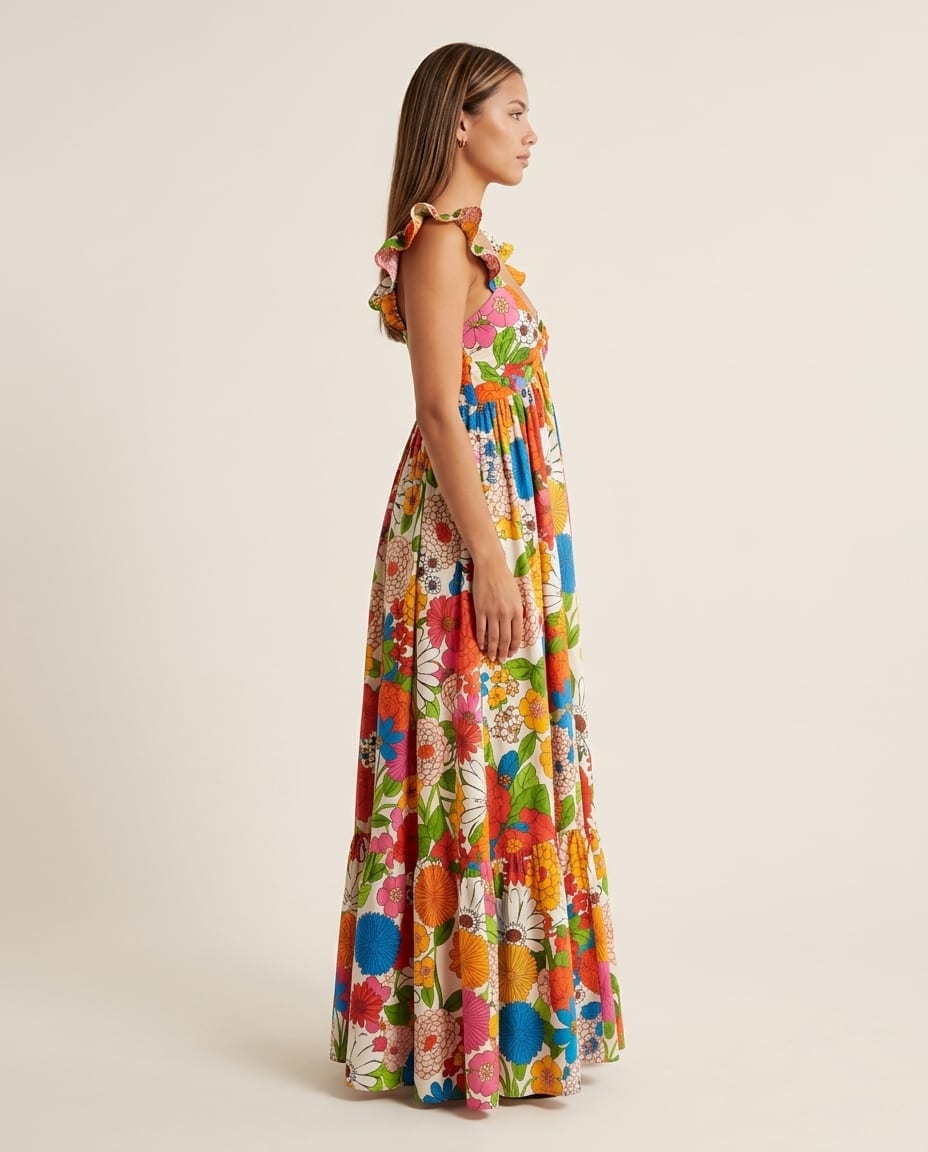Floral Maxi Dress with Ruffle Sleeves and V - neckline - Elestira