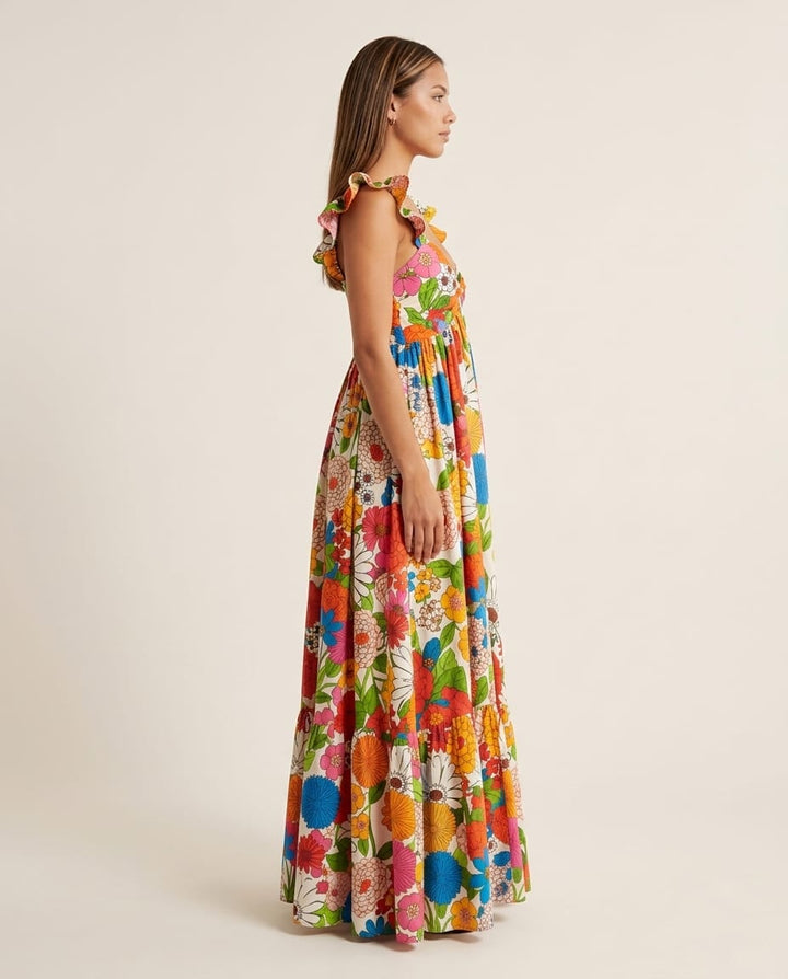 Floral Maxi Dress with Ruffle Sleeves and V - neckline - Elestira