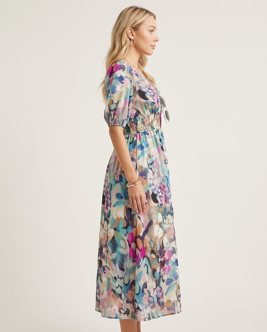Floral Midi Dress with Delicate Puff Sleeves - Elestira