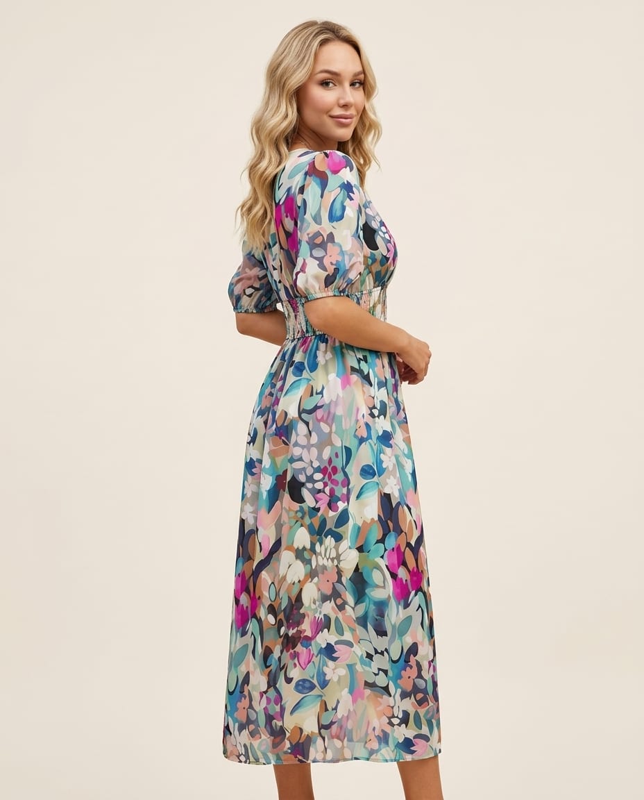 Floral Midi Dress with Delicate Puff Sleeves - Elestira