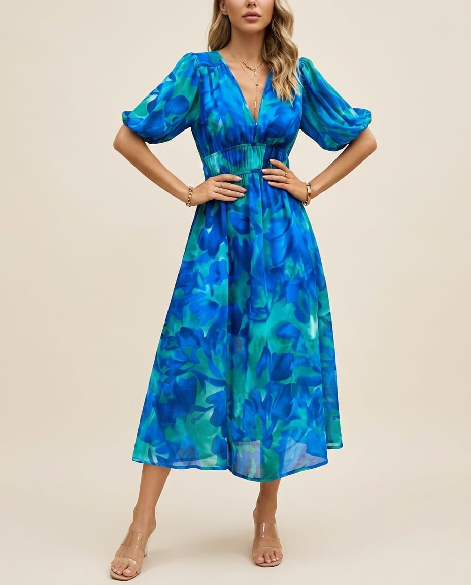 Floral Midi Dress with Delicate Puff Sleeves - Elestira