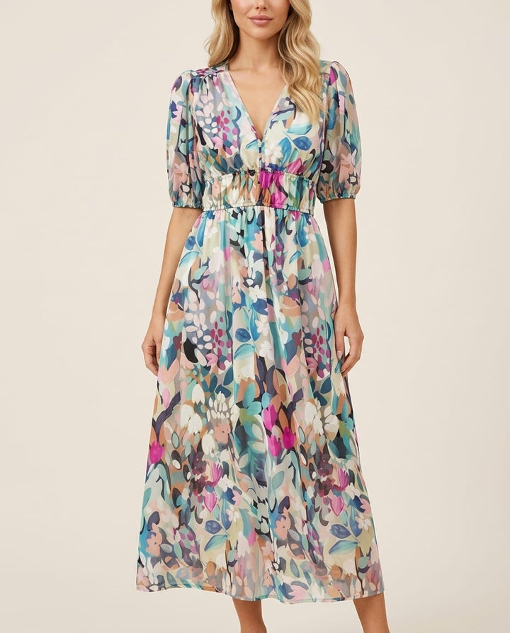 Floral Midi Dress with Delicate Puff Sleeves - Elestira
