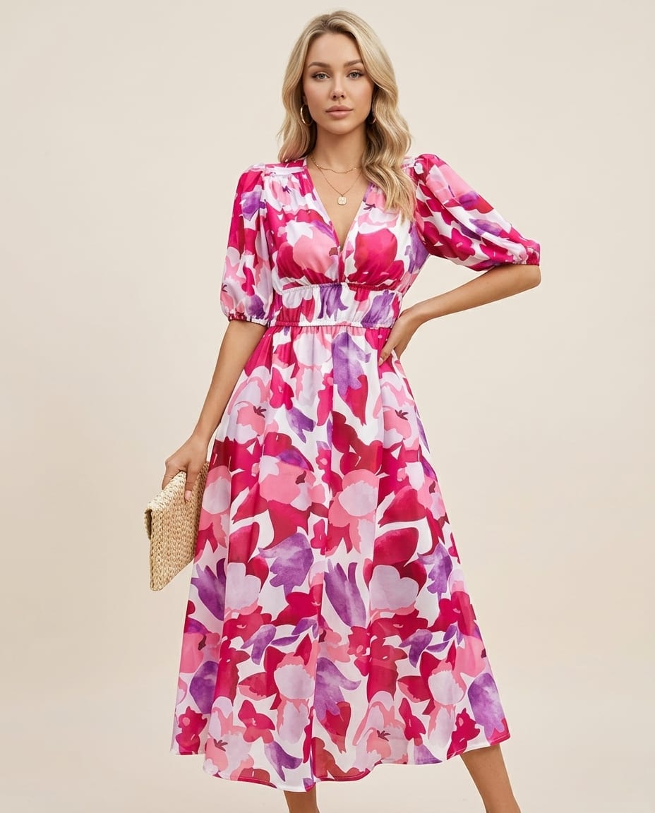 Floral Midi Dress with Delicate Puff Sleeves - Elestira