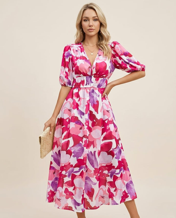 Floral Midi Dress with Delicate Puff Sleeves - Elestira
