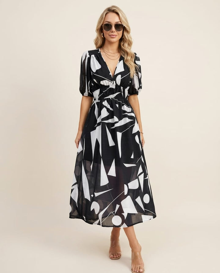 Floral Midi Dress with Delicate Puff Sleeves - Elestira