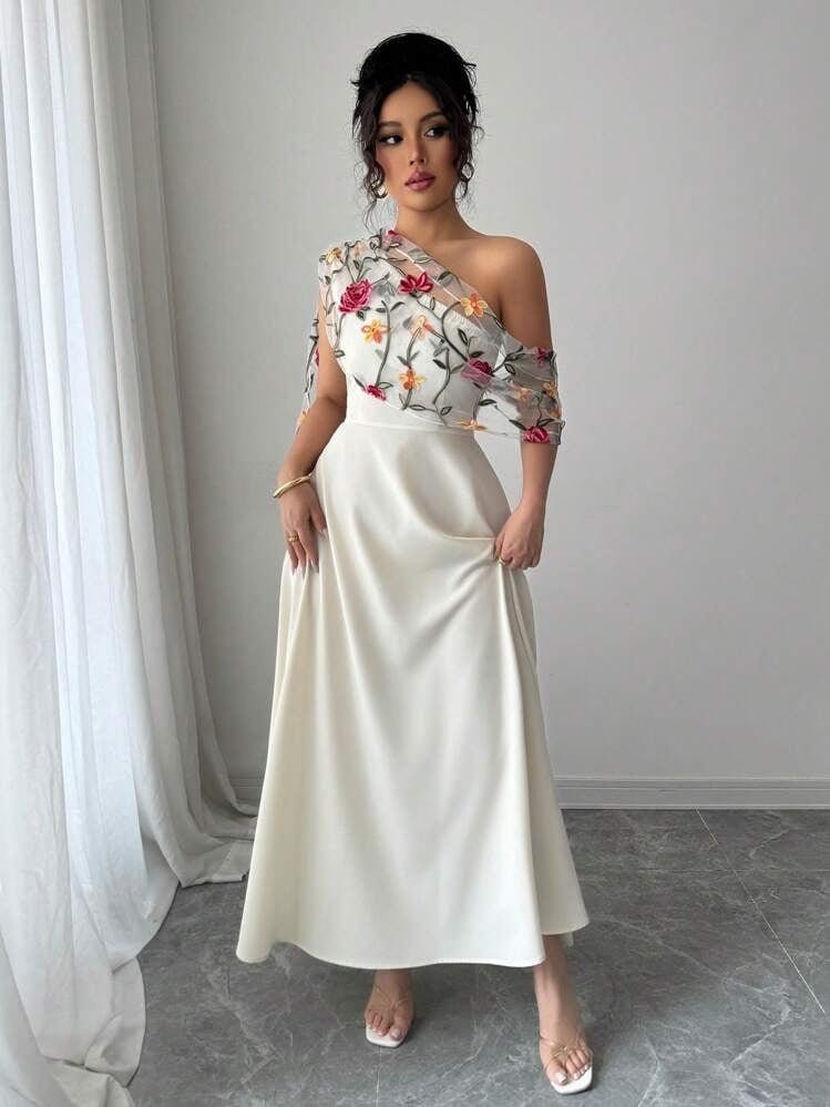 Floral One - Shoulder Wedding Guest Dress - Elestira