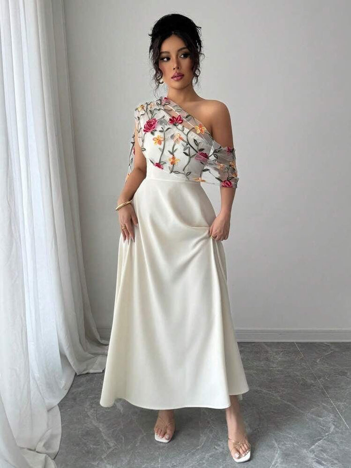 Floral One - Shoulder Wedding Guest Dress - Elestira