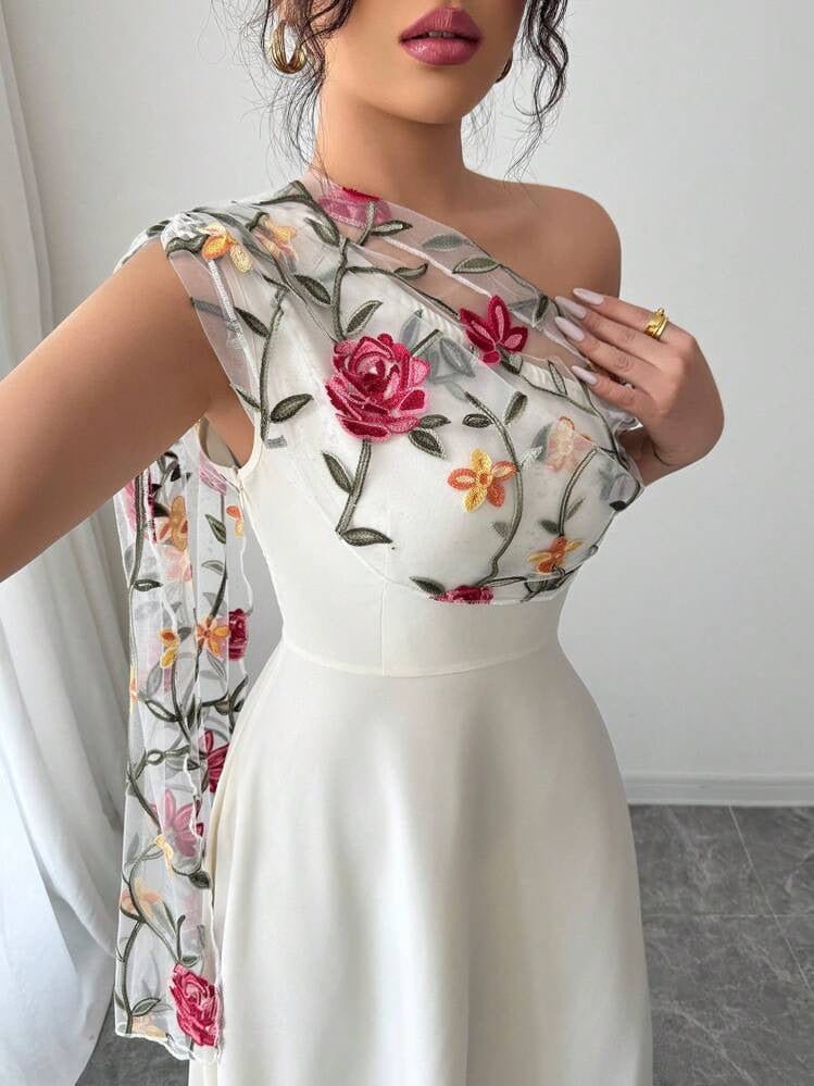 Floral One - Shoulder Wedding Guest Dress - Elestira