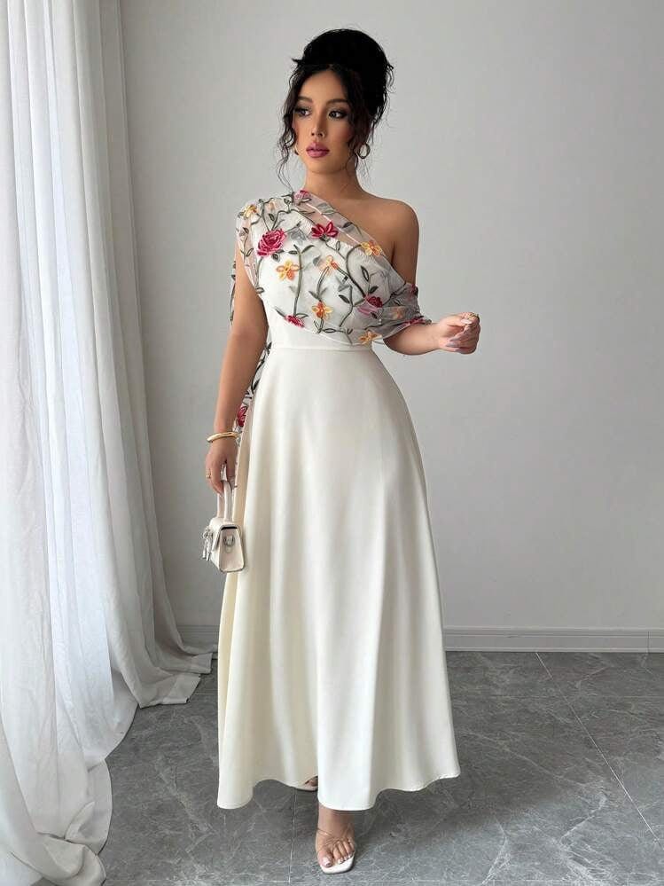 Floral One - Shoulder Wedding Guest Dress - Elestira