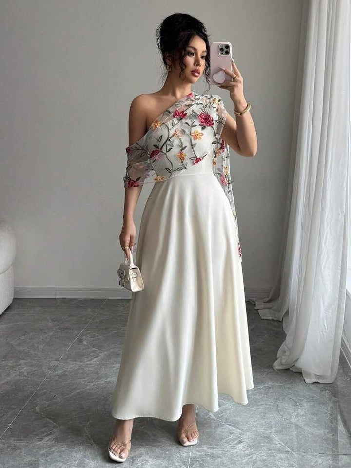 Floral One - Shoulder Wedding Guest Dress - Elestira