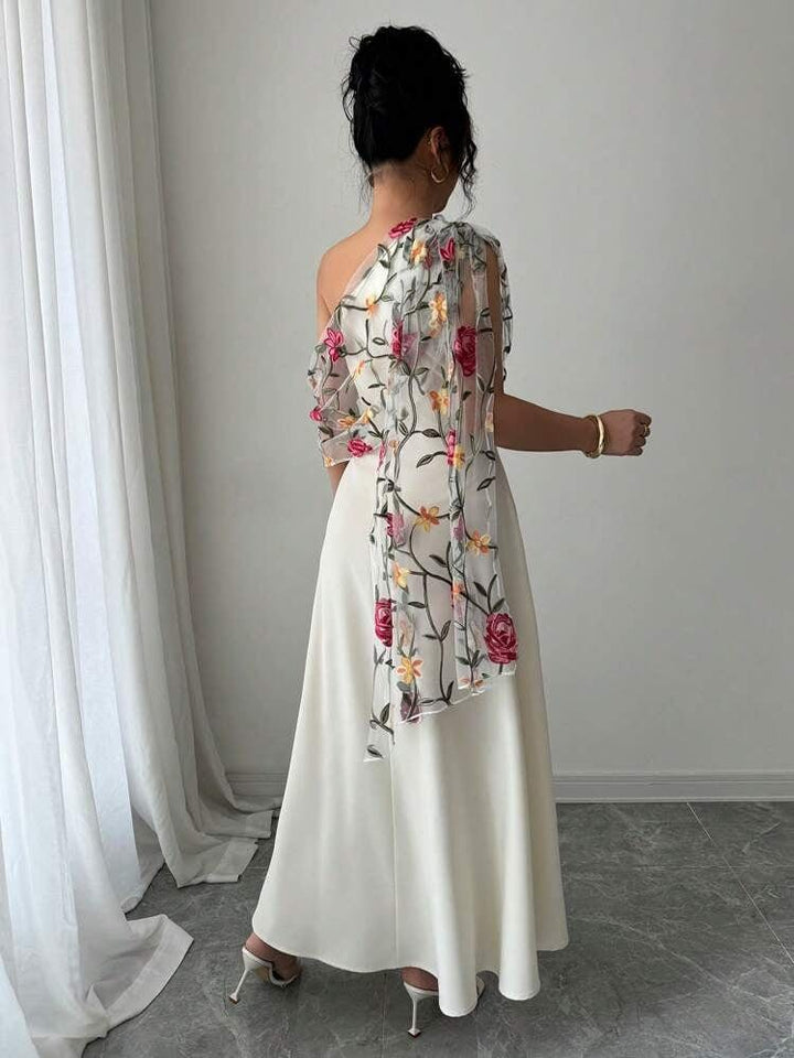 Floral One - Shoulder Wedding Guest Dress - Elestira