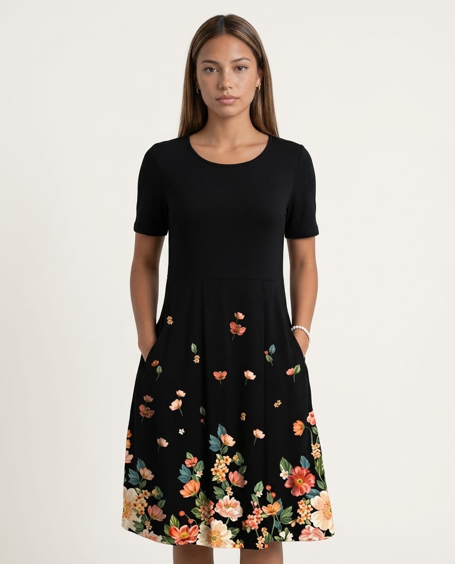 Floral Pocket Midi Dress - Short Sleeve - Elestira
