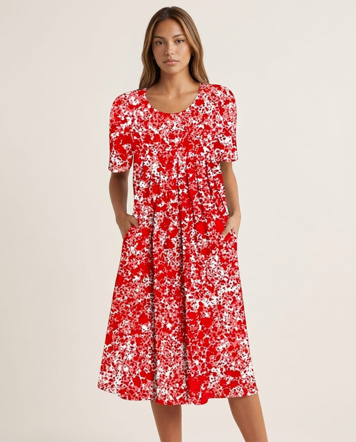 Floral Pocket Midi Dress - Short Sleeve - Elestira