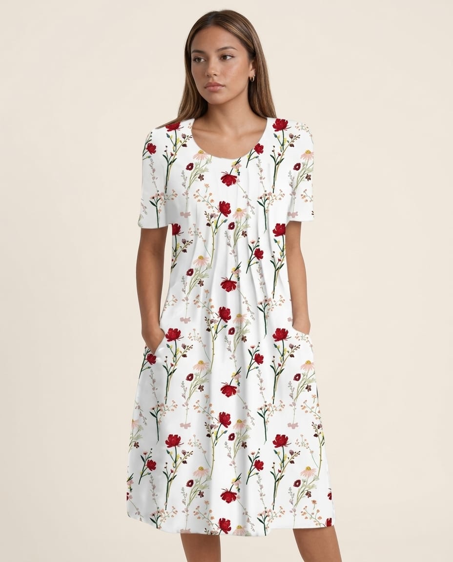 Floral Pocket Midi Dress - Short Sleeve - Elestira