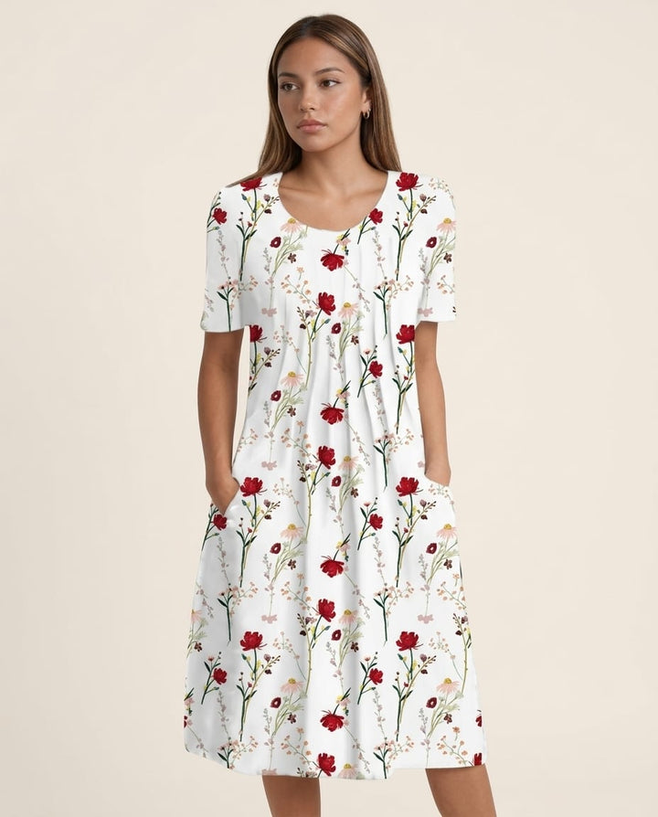 Floral Pocket Midi Dress - Short Sleeve - Elestira