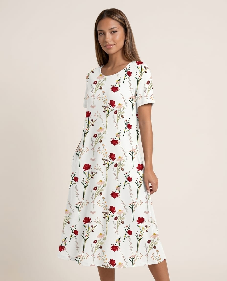Floral Pocket Midi Dress - Short Sleeve - Elestira