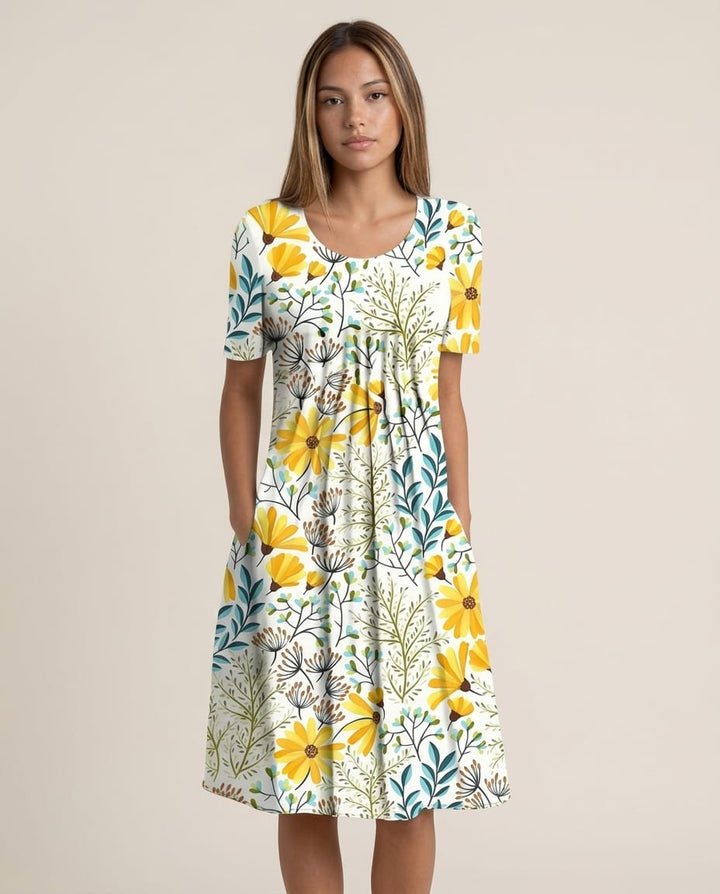 Floral Pocket Midi Dress - Short Sleeve - Elestira