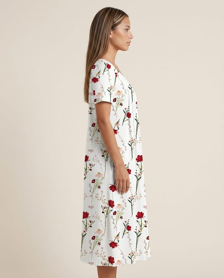 Floral Pocket Midi Dress - Short Sleeve - Elestira