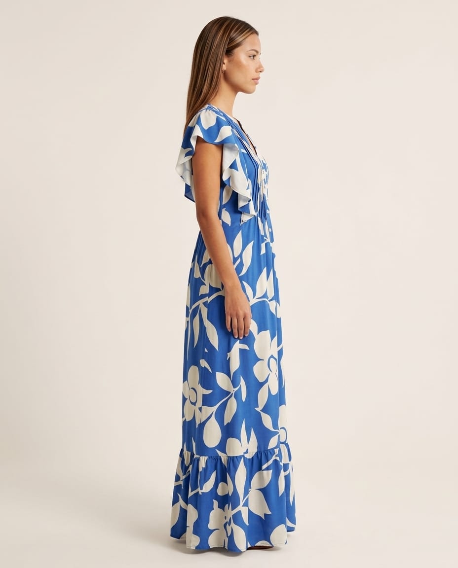 Floral Ruffle - Sleeve Maxi Dress with V - Neckline - Elestira