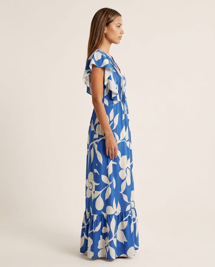 Floral Ruffle - Sleeve Maxi Dress with V - Neckline - Elestira