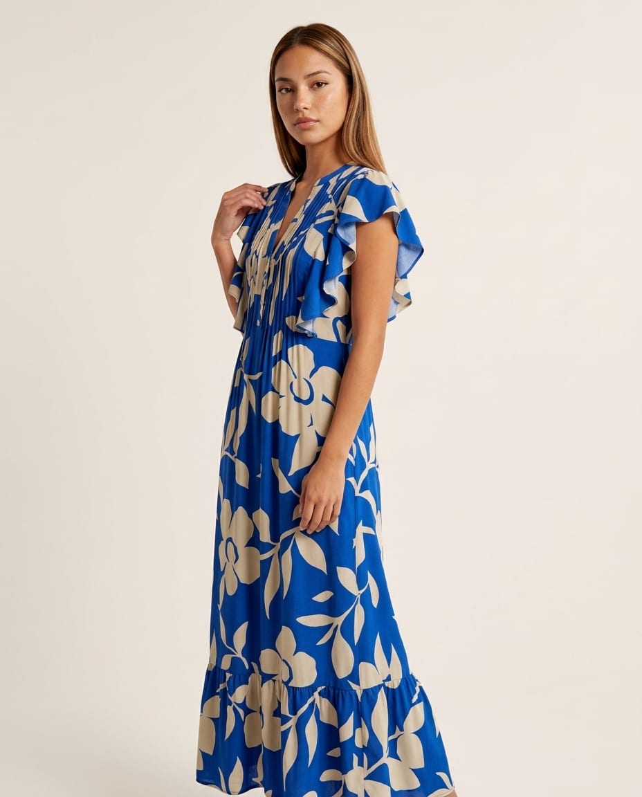 Floral Ruffle - Sleeve Maxi Dress with V - Neckline - Elestira