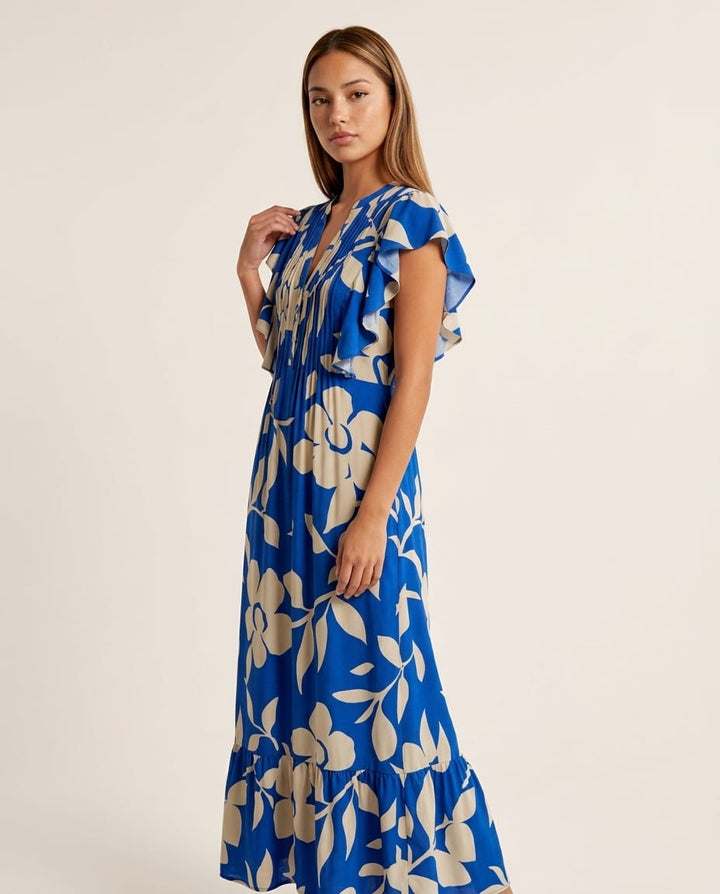 Floral Ruffle - Sleeve Maxi Dress with V - Neckline - Elestira