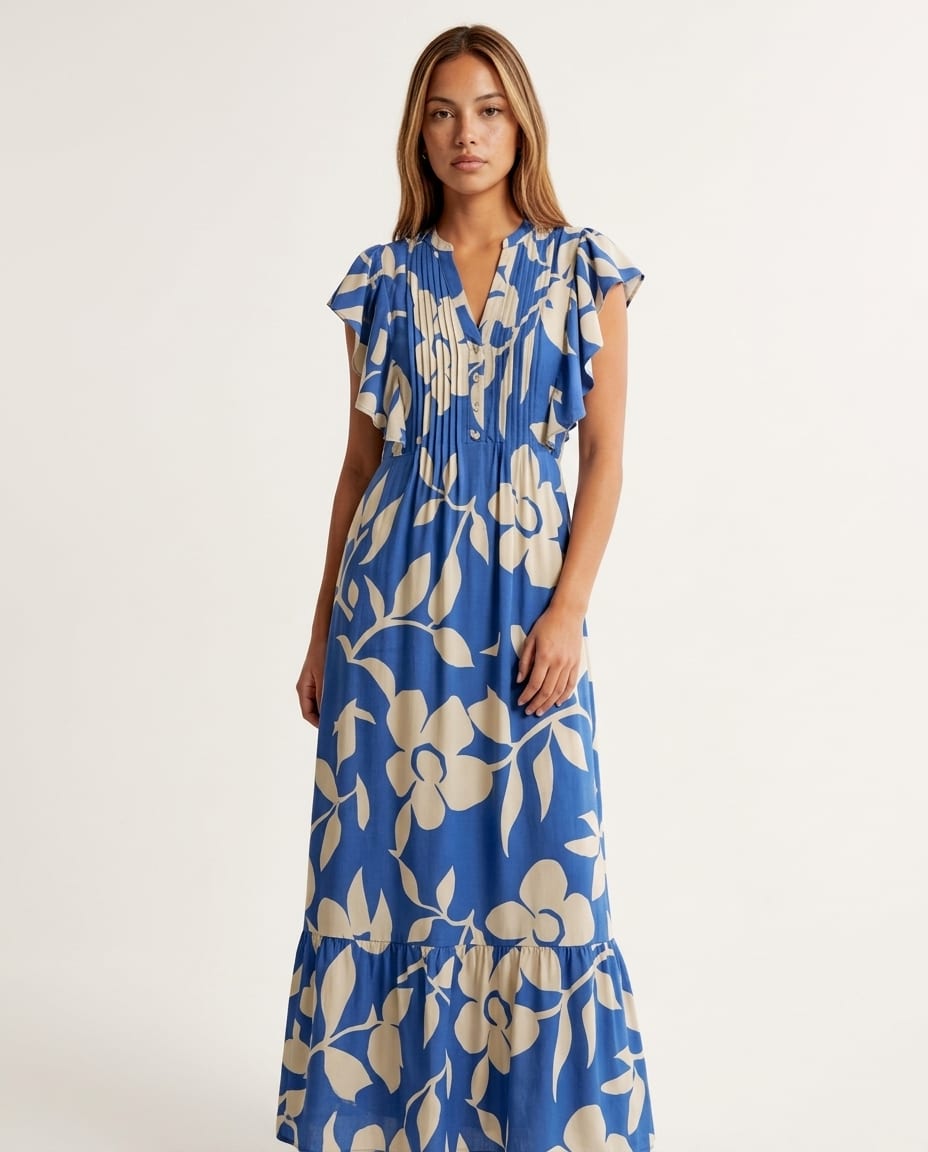 Floral Ruffle - Sleeve Maxi Dress with V - Neckline - Elestira