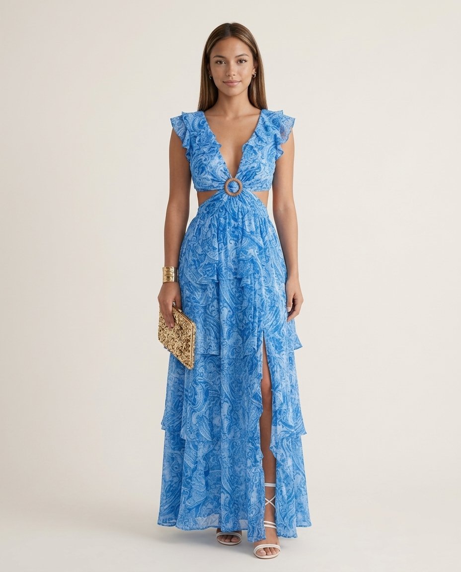 Floral Sleeveless Maxi Dress with Cut Out and Ruffle Accents - Elestira