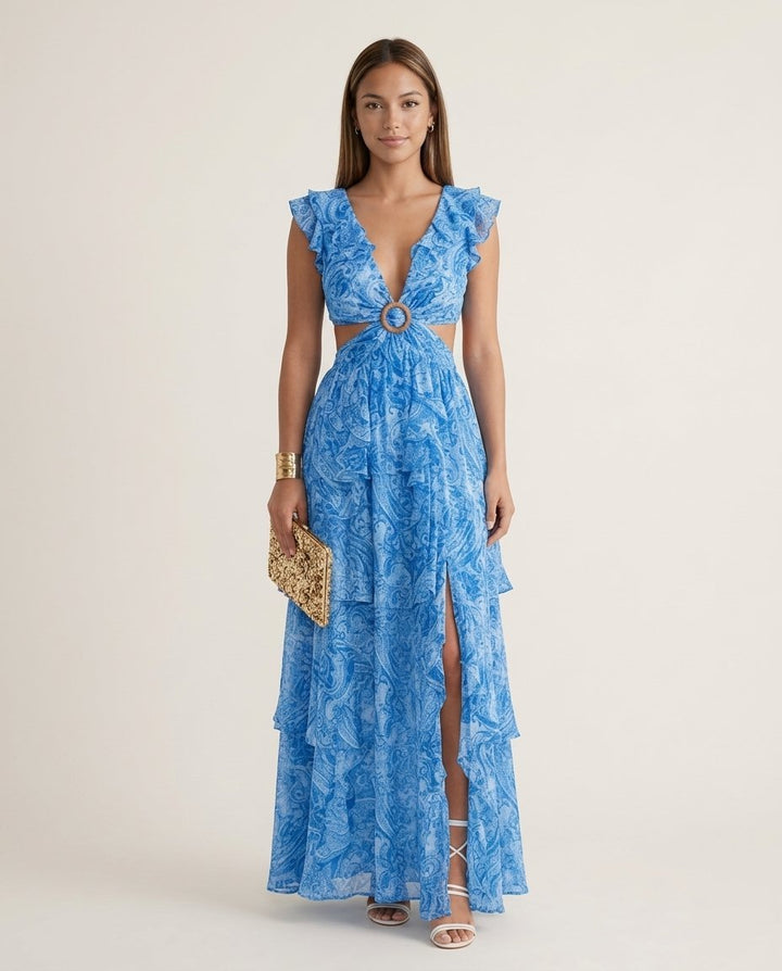 Floral Sleeveless Maxi Dress with Cut Out and Ruffle Accents - Elestira
