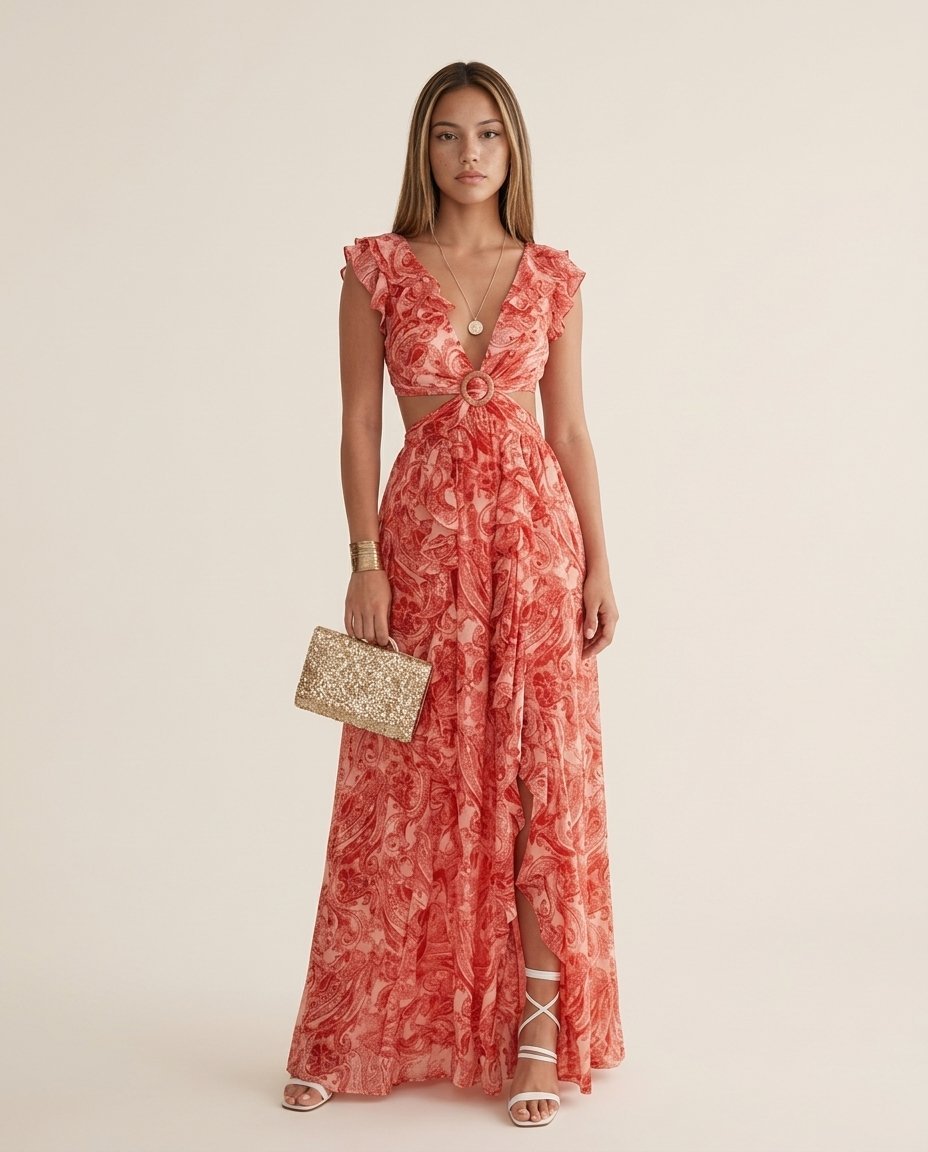Floral Sleeveless Maxi Dress with Cut Out and Ruffle Accents - Elestira