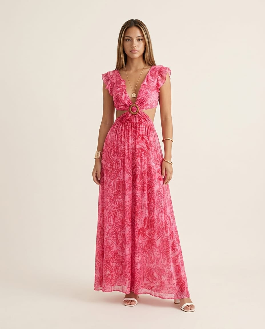 Floral Sleeveless Maxi Dress with Cut Out and Ruffle Accents - Elestira