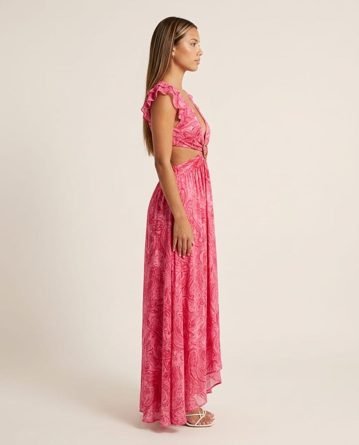Floral Sleeveless Maxi Dress with Cut Out and Ruffle Accents - Elestira
