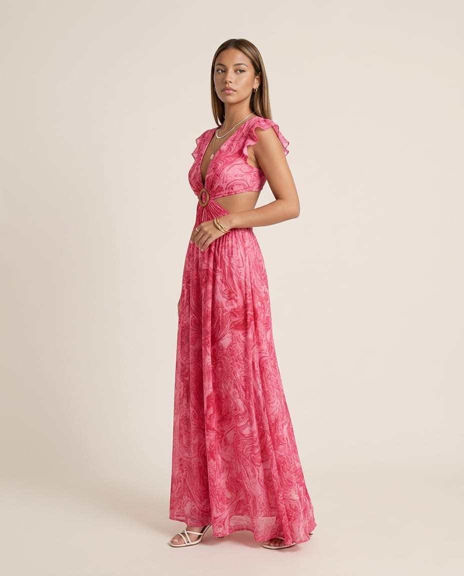 Floral Sleeveless Maxi Dress with Cut Out and Ruffle Accents - Elestira