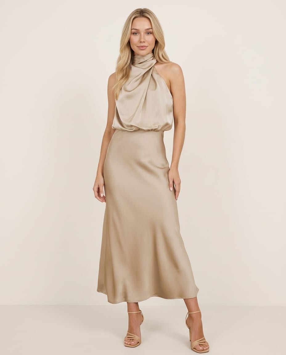 Halter Neck Wedding Guest Maxi Dress - Elestira