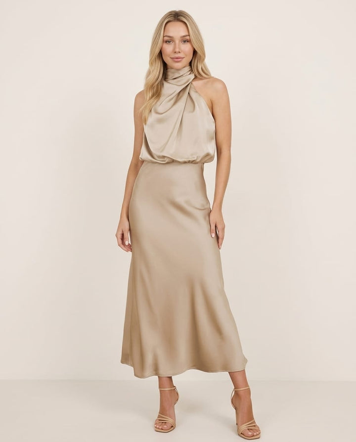 Halter Neck Wedding Guest Maxi Dress - Elestira