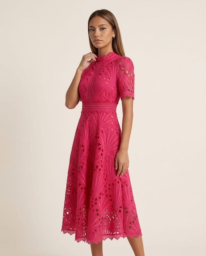High Neck Lace Midi Dress with Scalloped Hem - Elestira