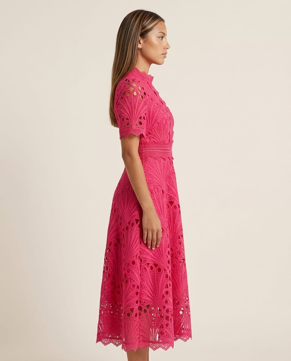 High Neck Lace Midi Dress with Scalloped Hem - Elestira