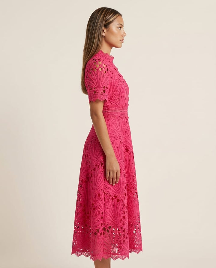 High Neck Lace Midi Dress with Scalloped Hem - Elestira