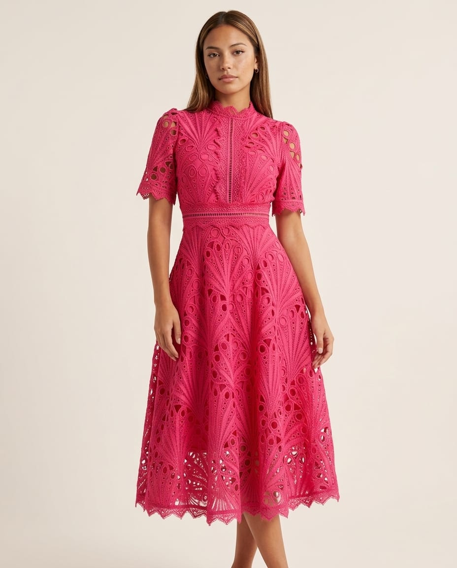 High Neck Lace Midi Dress with Scalloped Hem - Elestira