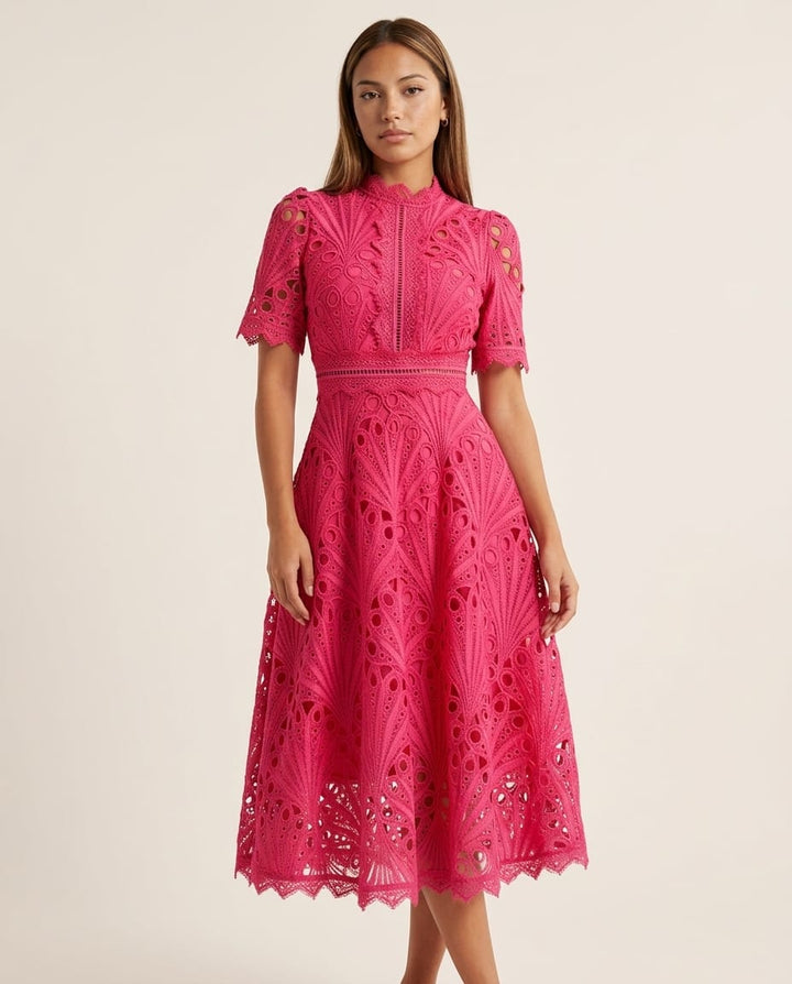 High Neck Lace Midi Dress with Scalloped Hem - Elestira