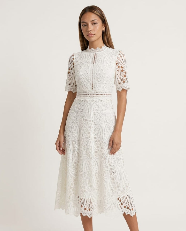 High Neck Lace Midi Dress with Scalloped Hem - Elestira